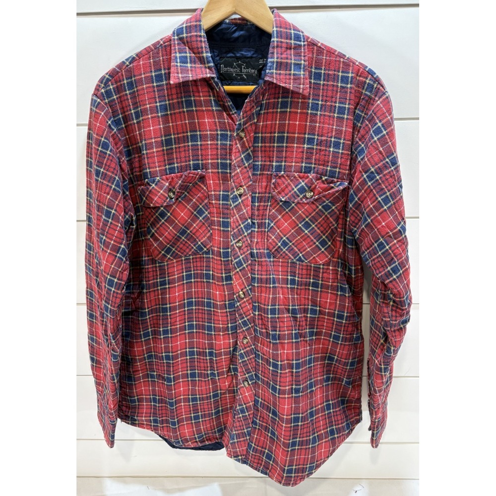 Vtg Northwest Territory Shacket Men's M Red Blue Plaid Quilted Flannel Button Up